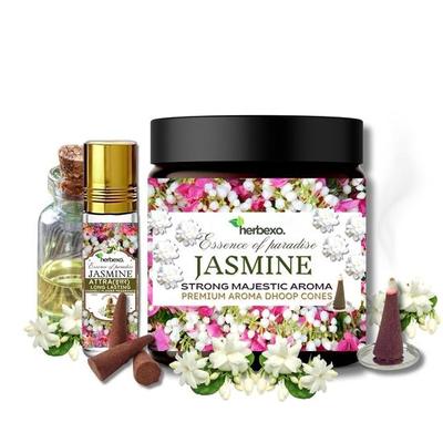 Jázmin Dhoop és Attar Kombinált Szett, Gyógynövényes Dhoop, Tiszta Jázmin Illat, Hosszan Tartó, Nem Mérgező, Alacsony Füstölő Tartalmú Természetes Jázmin ittar és dhoop Kombinált Csomag