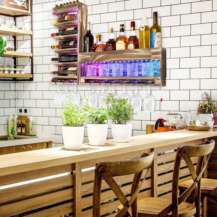 Yorbay Casier à Vin Mural avec Éclairage LED, Étagère à Bouteille Range et Porte-Verre à Pied, Assemblage et Combinaison Libres