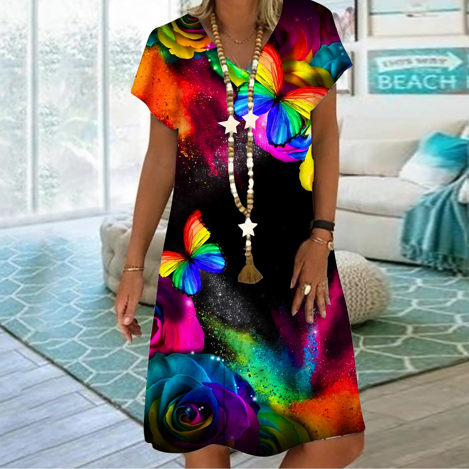 

Летнее модное платье с v-образным вырезом, женское платье с короткими рукавами и струящимся песком, красочное платье с принтом бабочек, свободное повседневное платье для женщин