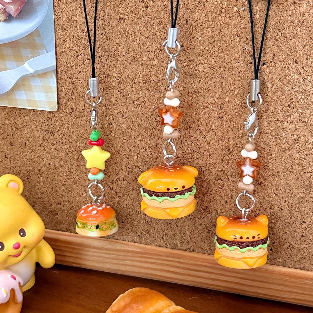 3 Pcs Burger Pendant Cartoon 3D Pendant for Cats and Puppies Mobile Phone Hanging Rope Student Keychain