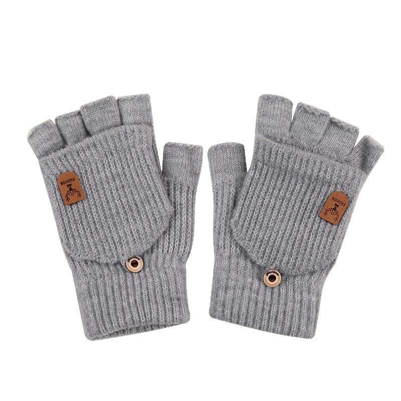 Adult Winter Knit Plush Half-Finger Flip-Top Touchscreen Cycling Gloves for Writing