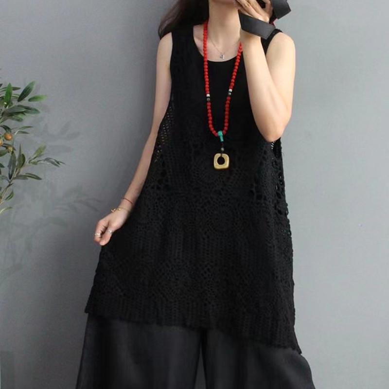 Women's Long Crochet Khaki Vest - Retro Loose Summer Waistcoat
