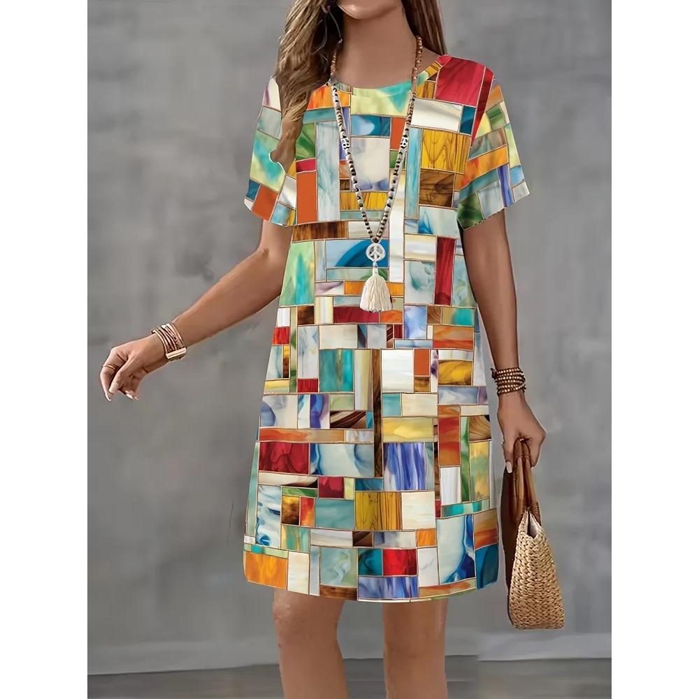 Яркие Креативные Геометрические Узоры Женские Мини-Платья Летние С Коротким Рукавом С Принтом Больших Размеров Повседневное Удобное Мягкое Платье S