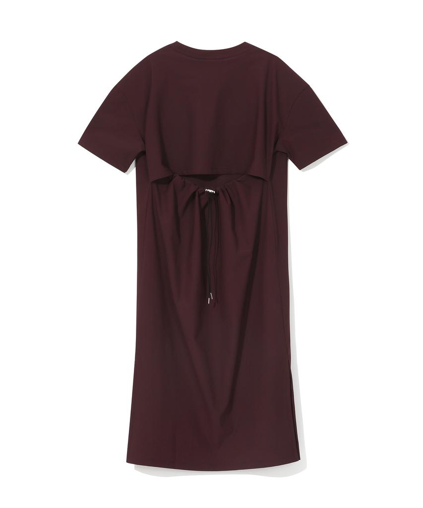 Vintril Round Neck Back Slit String Oversized Dress (Wine)