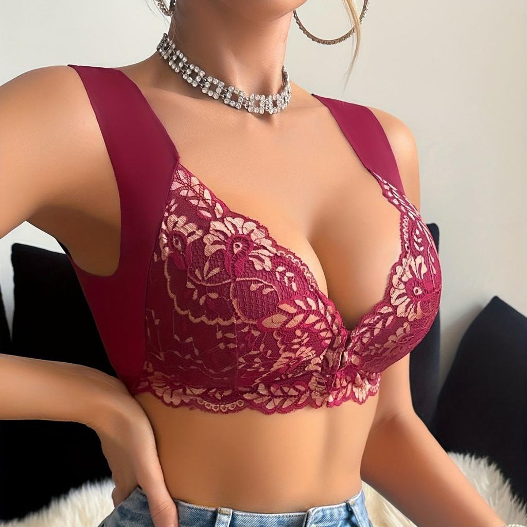 Floral Lace Front-Closure Push-Up Bra