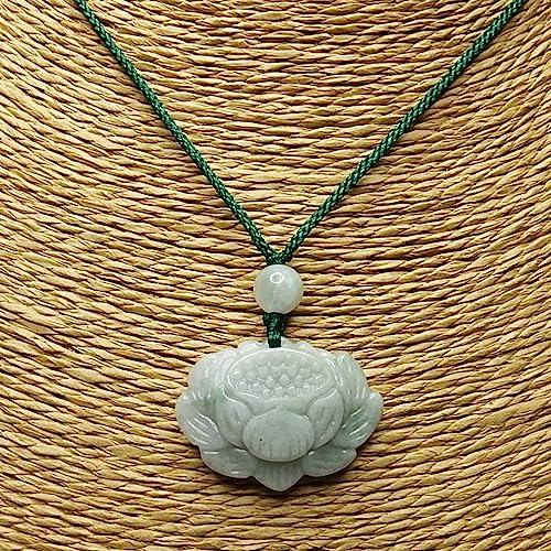 [Stone Street] Rare Jadeite Lotus Flower Carving Pendant with Green Cord Necklace