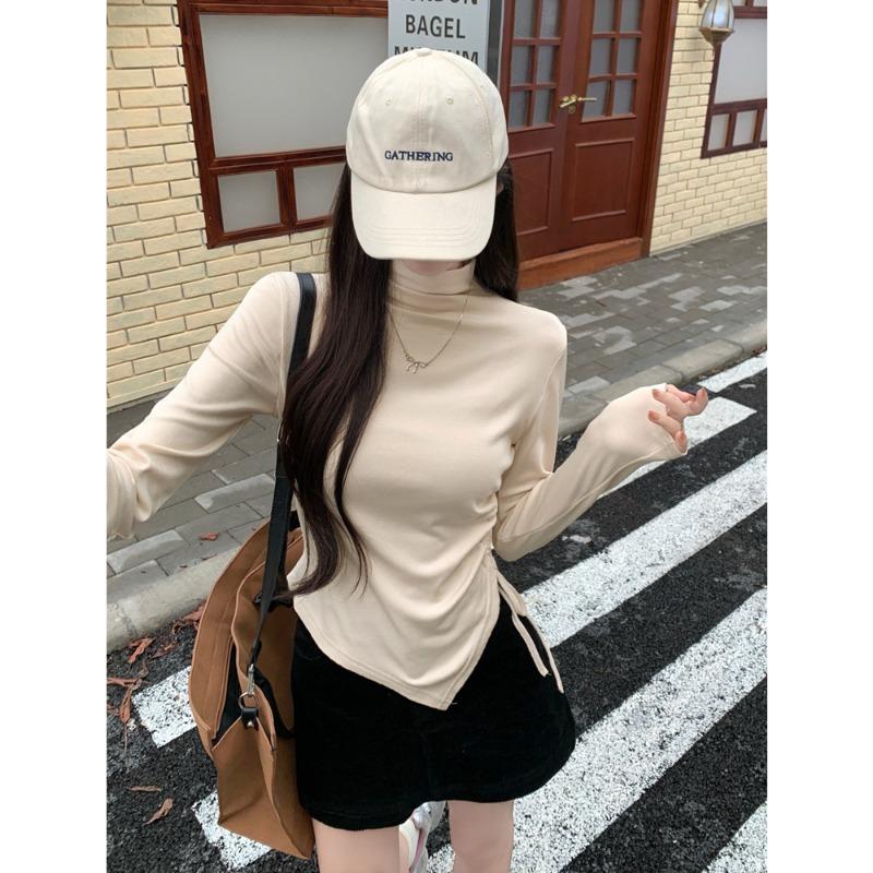 Real Shot Spice Girl Drawstring Waist Hem Long-sleeved T-shirt Women's Season Slim Korean Version Semi-turtleneck
