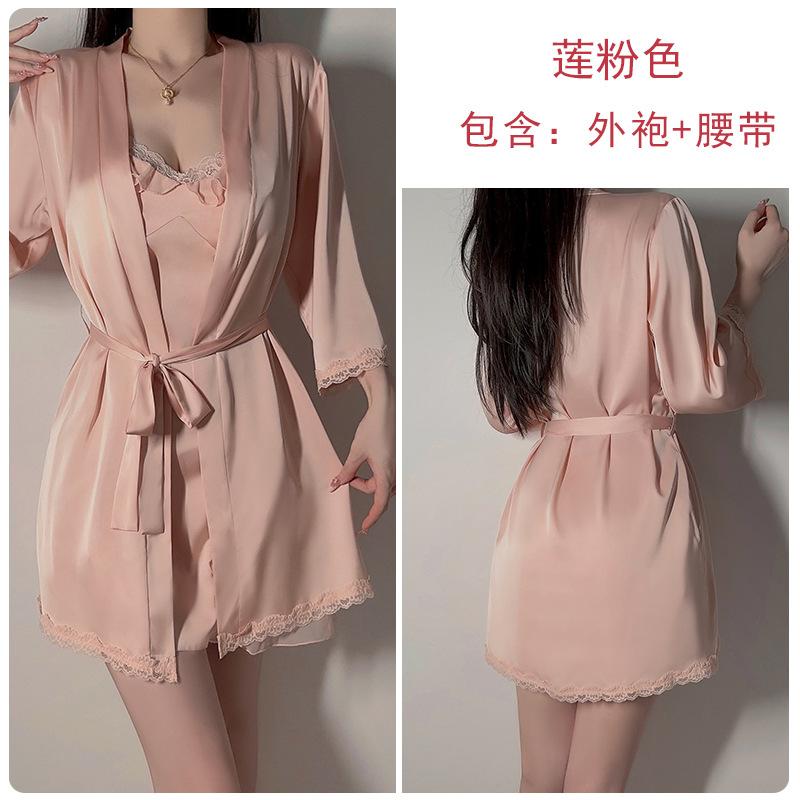 Women's Satin Mesh Lace Padded Backless Cami Sleep Dress with Robe Lounge Set
