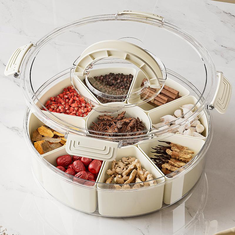 Round Snack Tray with Lid and Handle-Portable 9/6 Ccells Food Storage Box with 360 ° Swivel and Clear Window Cover for Travel