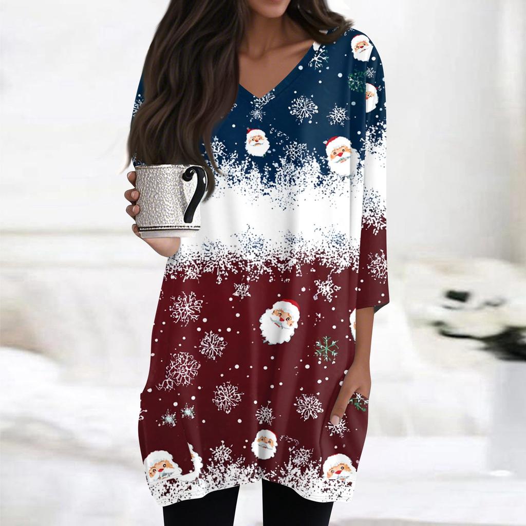 Womens Tops V-neck 3/4 Sleeve Blouses Casual Mid-length Shirts Fashion Christmas Print Tunic Tops With Pockets