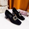 Thick heel high heels women's 2025 new British style women's shoes rhinestone square buckle deep mouth French retro square head single shoes