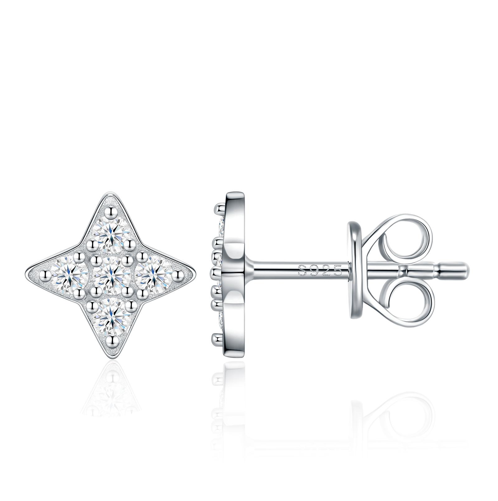 Dreamy Four Point Star Full Micro Pave S925 Silver VVS Round Moissanite Ear Back Polished GRA Certified Daily Star Stud Earrings