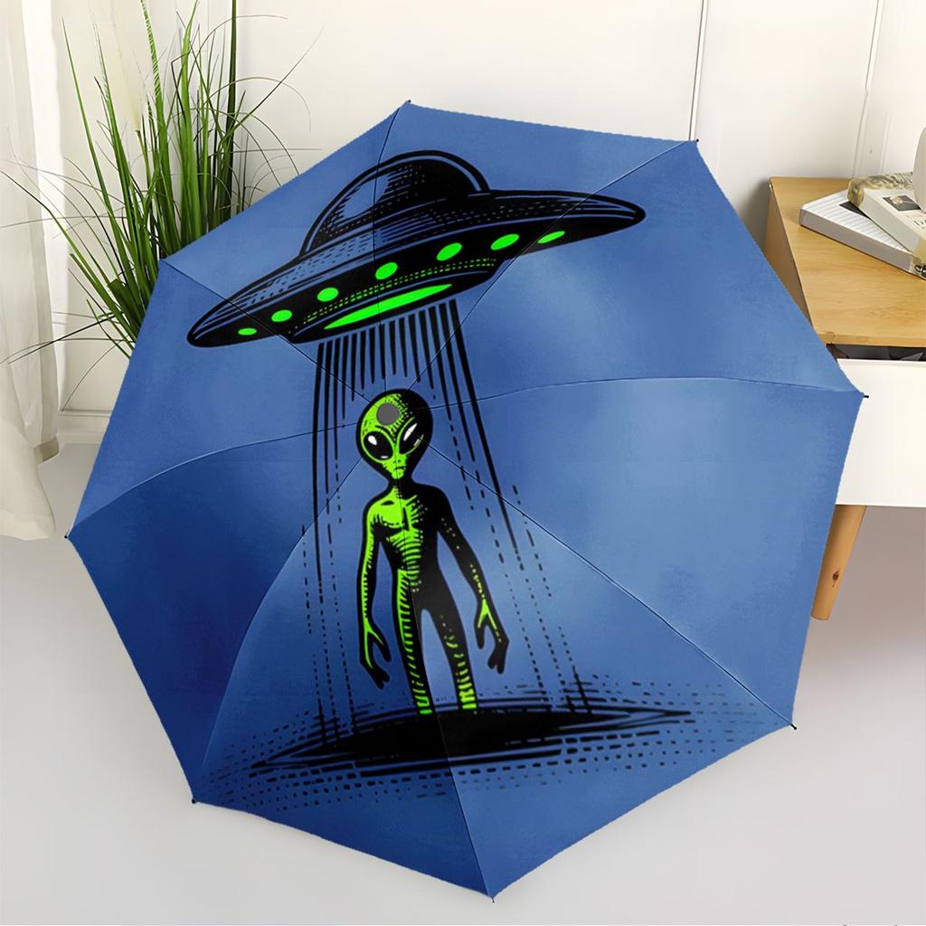 Automatyczny składany parasol z wzorem kosmity UFO i istot pozaziemskich - wytrzymała konstrukcja 8-żebrowa, przenośny, składany do podróży, na co dzień