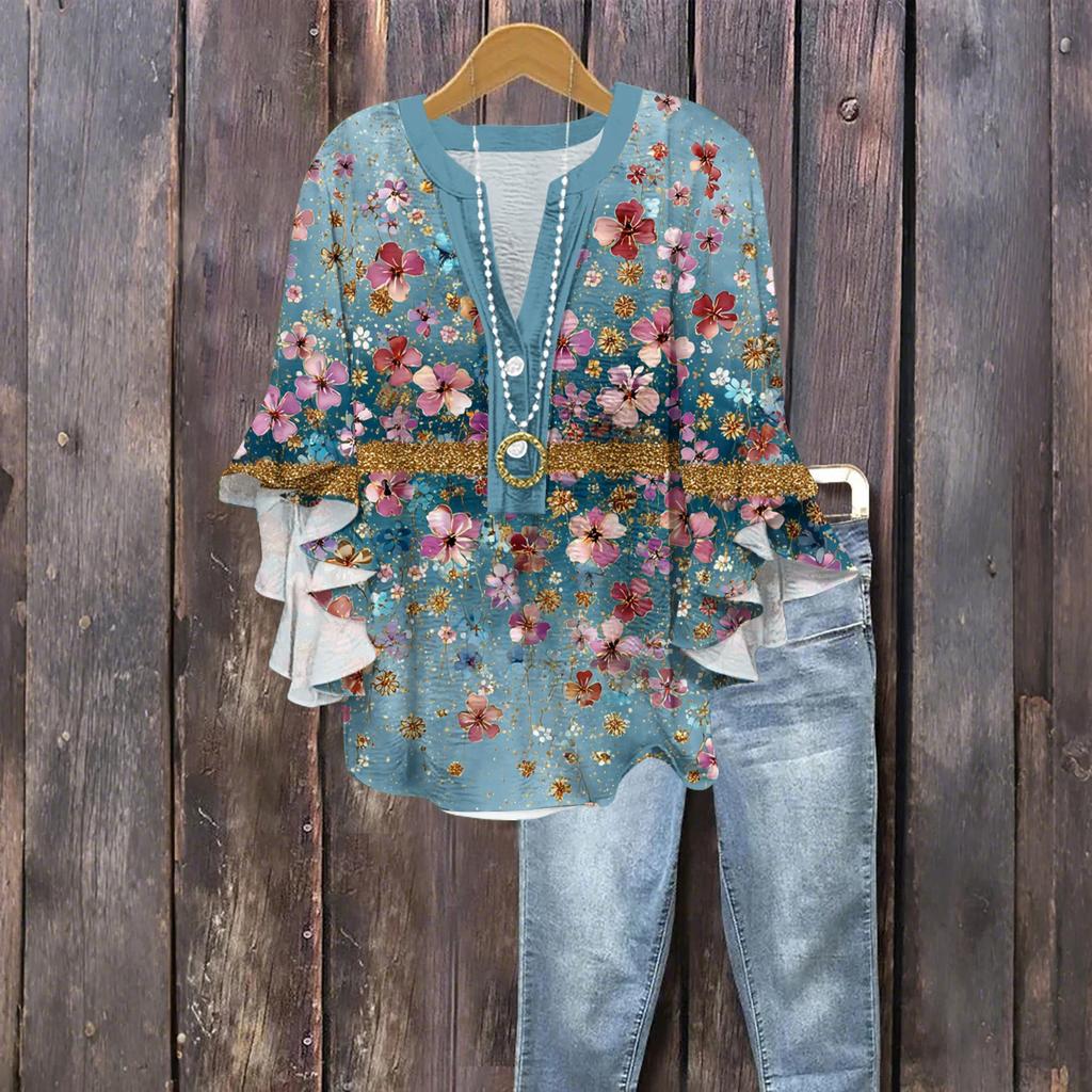 Women's Fashion Button V-Neck Ruffle Seven Sleeve Blouse Floral Printed Top