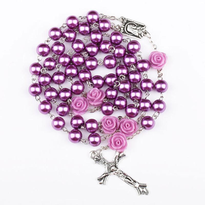 Catholic Purple Glass Beads Rosary Necklace For Women INRI Cross Crucifix Pendant Rose Chain Religion Jewelry