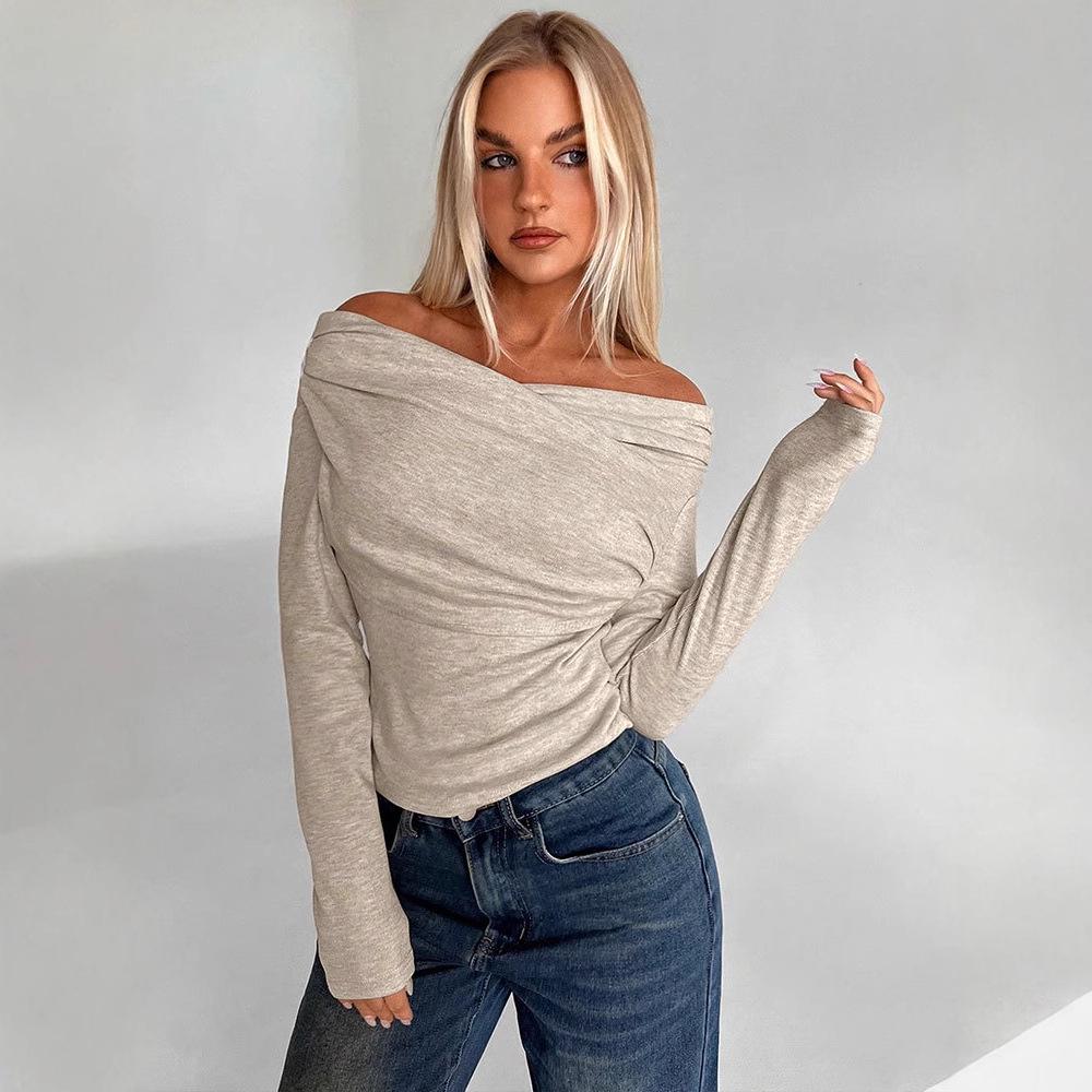 WG128 Autumn/Winter Off-Shoulder Long-Sleeve Solid Color Women's T-Shirt