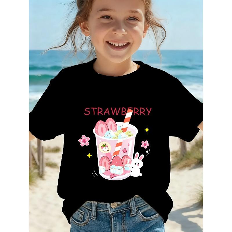 

European sizes Cute T-Shirt with a Kawaii Milk Tea Cup Design for Girls, Perfect for Summer Casual Wear at Home, Featuring a Round Neck 98cm чёрный
