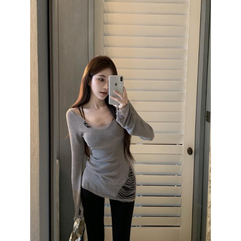 Koreanisches Süßes Langarm Lochstrick T-Shirt Damen Dünner Sonnenschutz Kittel Slim Slim Einzigartige und Schicke Bluse