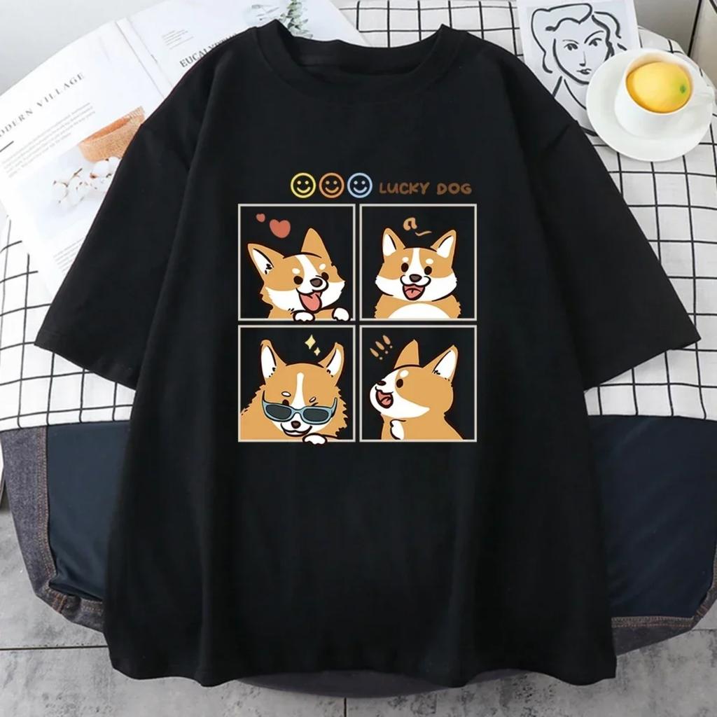Four Different Moods of Lucky Dog Chai Gou Woman Tee Shirt Graphic Tshirt Soft Tees Breathable Tops Casual Short Sleeve Tops