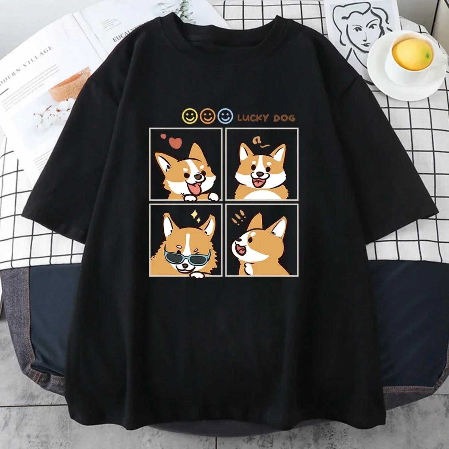 

Четыре разных настроения Lucky Dog Chai Gou Женская футболка Графическая футболка Мягкие футболки Дышащие топы Повседневные топы с коротким рукавом S чёрный