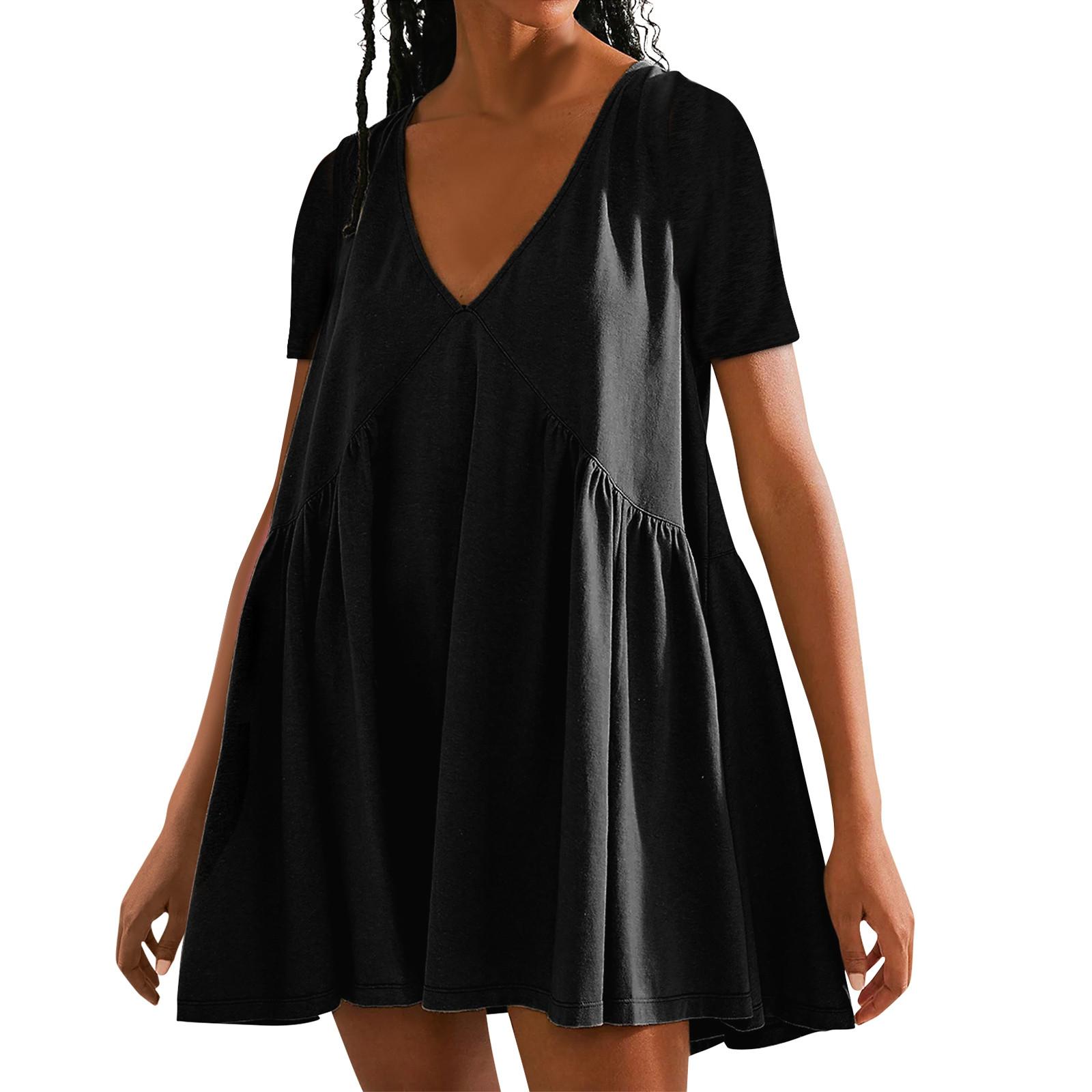 

Женская мода с коротким рукавом и v-образным вырезом, сплошной цвет, повседневная свободная футболка, платья M чёрный
