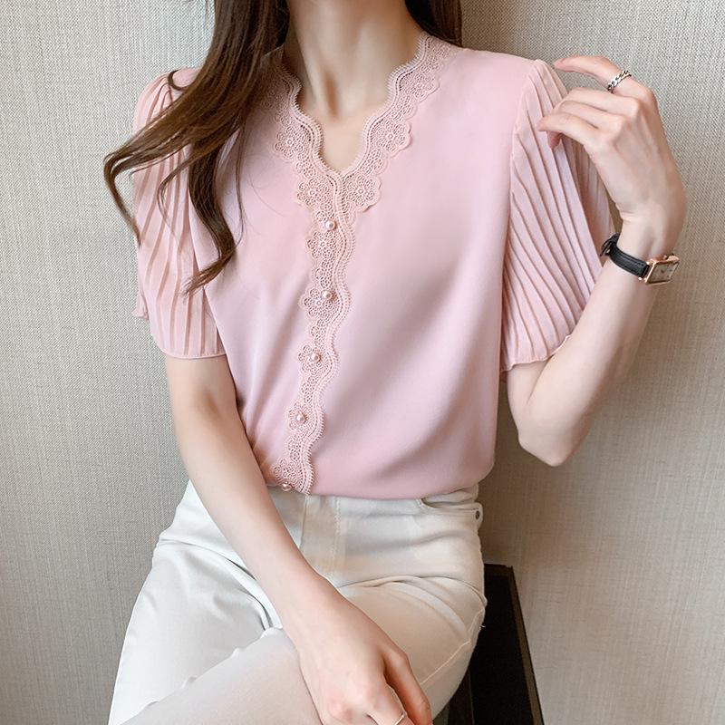 Women's Lace V-Neck Chiffon Short-Sleeve Summer Top - Stylish & Elegant