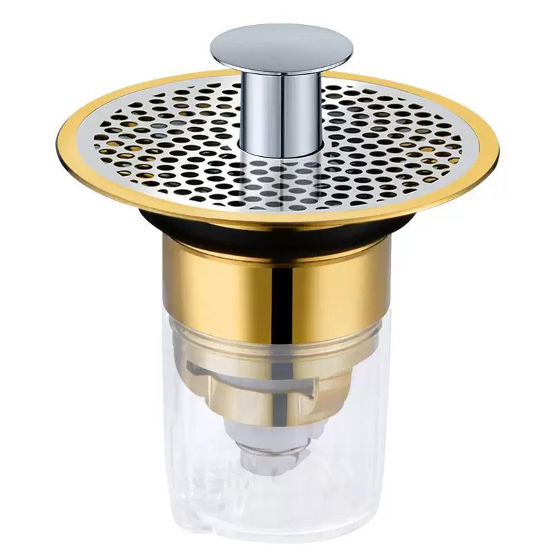 Brass Push-Type Sink Drain with 304 Filter Mesh, Insect-Proof, Anti-Clogging, Anti-Leakage, Anti-Odor Drain Plug with Pop-Up Core
