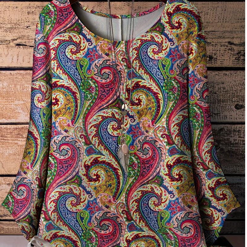 

Plus Size Women s Elegant Floral Print Long Sleeve T-Shirt | Vibrant Paisley Pattern, Round Neck, Comfortable & Stylish for Spring/Fall 5XL