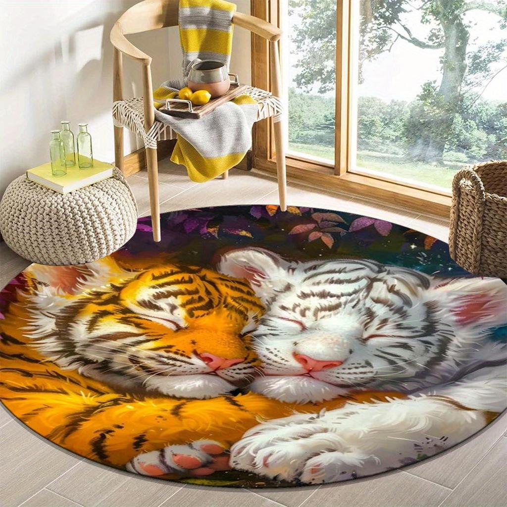 1Pcs Tiger Pattern Round Area Rug Indoor Non-Slip Washable Fiber Carpet Soft Comfortable Mat For Bedroom Living Room