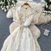 Elegant Short-Sleeve Floral Embroidered Dress for Women Vintage Turn Down Collar Belt Slim A-line Long Maxi Dress
