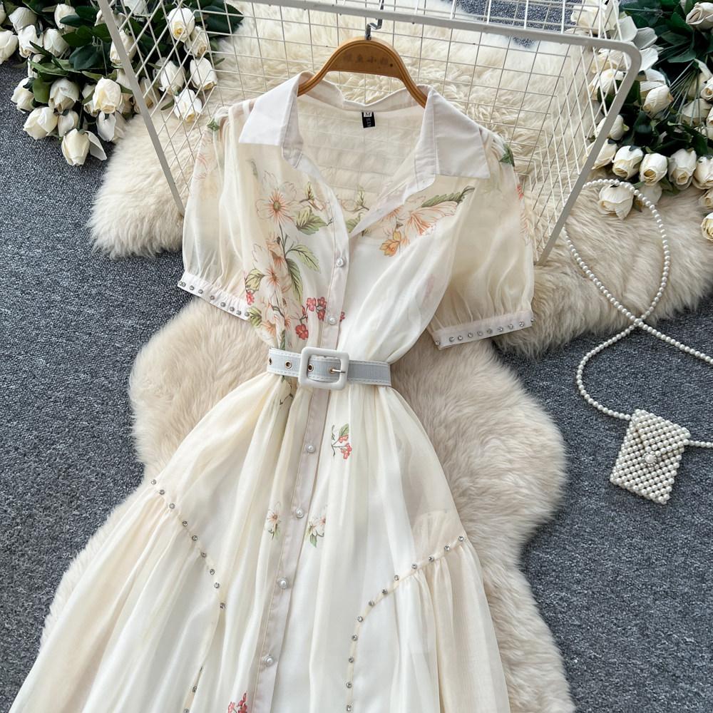 Elegant Short-Sleeve Floral Embroidered Dress for Women Vintage Turn Down Collar Belt Slim A-line Long Maxi Dress