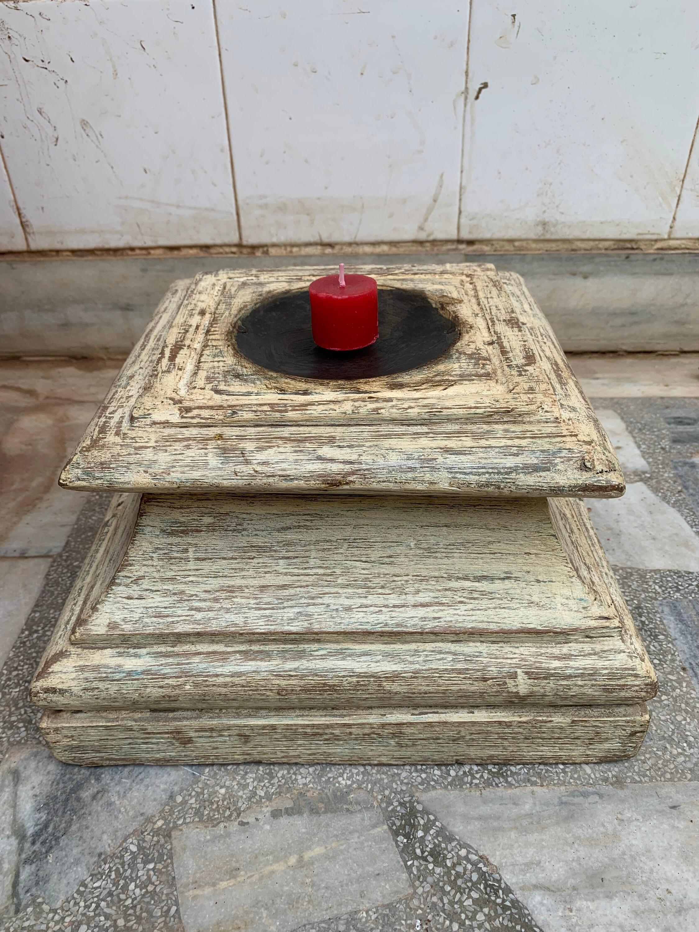 

Antique Carved Wood Candle Stand: Rustic Indian Home Decor 16” X 8” X 24” (l x w x h) різнокольоровий