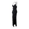 Backless Strapless Maxi Dress Women Summer V Neck Ruffles Side Slit Bodycon Party Dresses Black Red Evening Robes