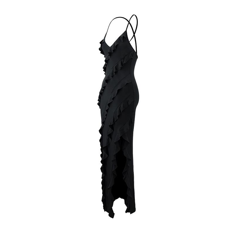 Backless Strapless Maxi Dress Women Summer V Neck Ruffles Side Slit Bodycon Party Dresses Black Red Evening Robes