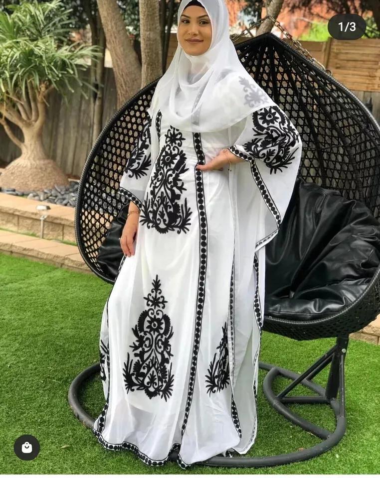 Wedding Moroccan Georgette Farasha Ramzan Dress Abaya Dubai Kaftan White Fance
