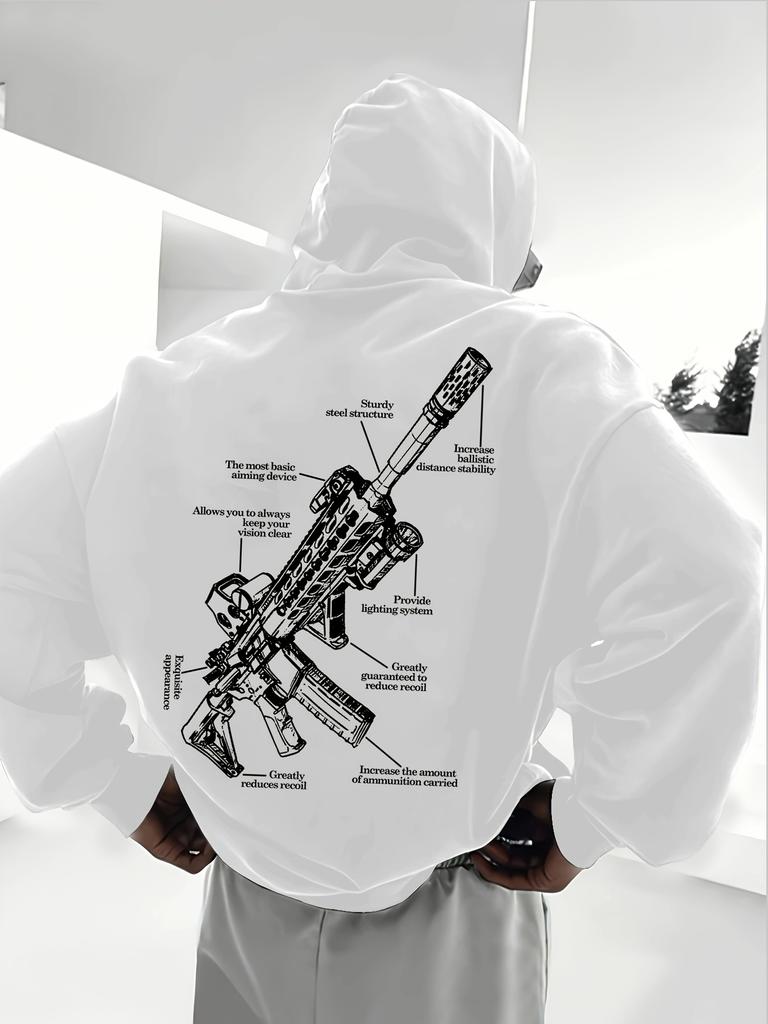 Men Hip Hop Sports Hoodie Gun Structure Diagram Graphic Print Hooded Sweatshirt Casual Loose Long‑Sleeve Pullover Streetwear Tops For Autumn Winter