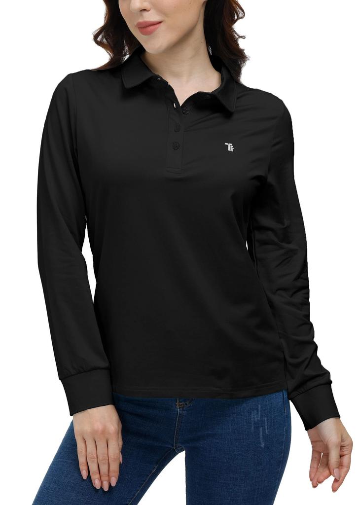 YIRUIYA Codzienne Polo Długie Gładkie Fitness Sportowe Rozmiar M Damska Koszula, Rękaw, Kolor, Zapinana na guziki, Dopasowana, Oddychająca, Bluza, Odzież, Top, Czarny,