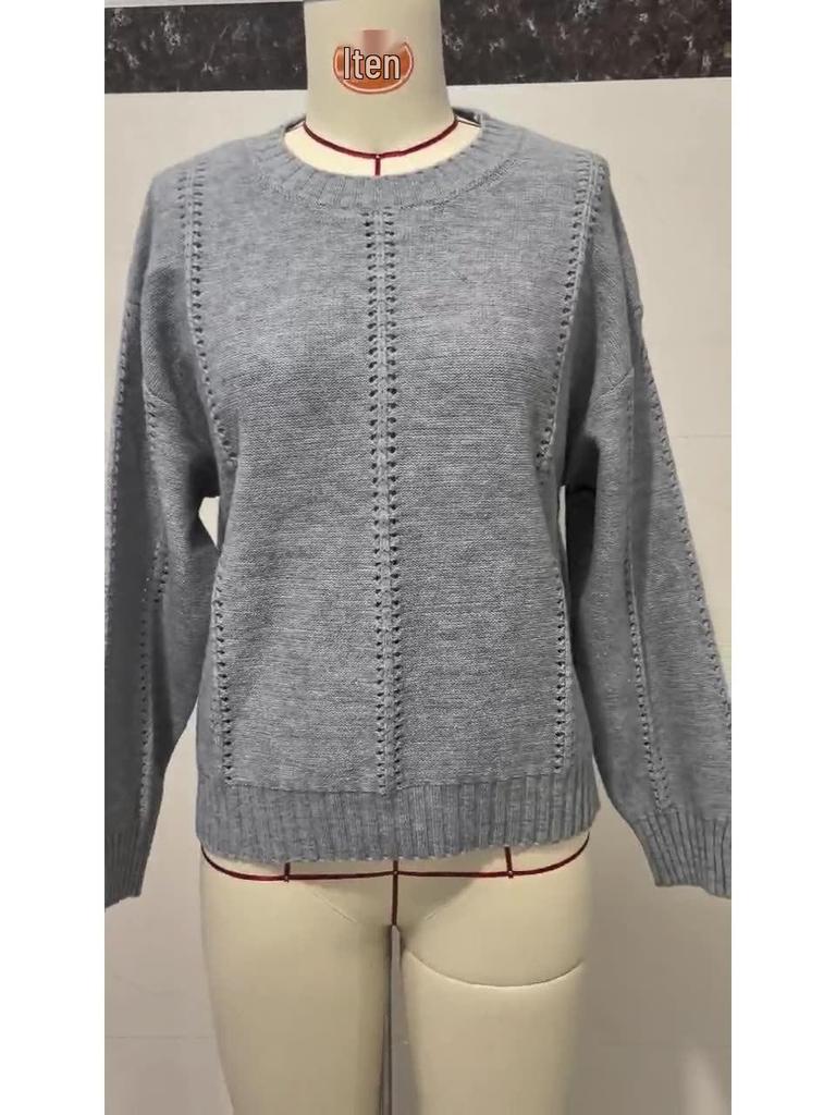 2025 Autumn/Winter Women's Loose Fit Hollow Knit Pullover Sweater - Round Neck, Lazy Style