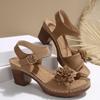 New flower high-heeled sandals thick heel one-word buckle women's sandals
