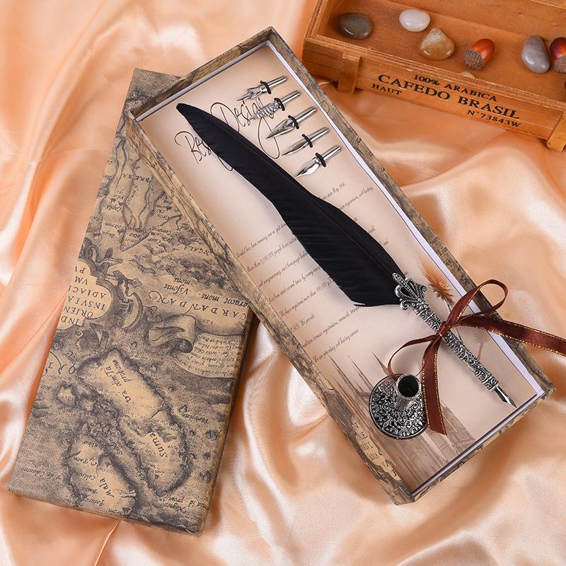 Buy Antique Quill Feather Dip Pen Writing Ink Set Stationery Wedding ...