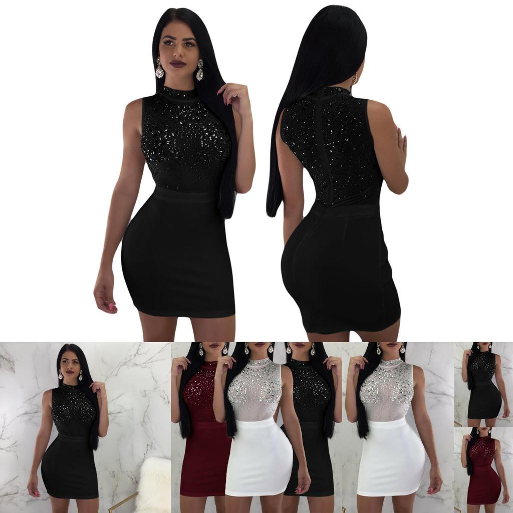 Elegant Sexy Shiny Women's Bodycon Dress With Diamond O Neck For Evening Embroidery
