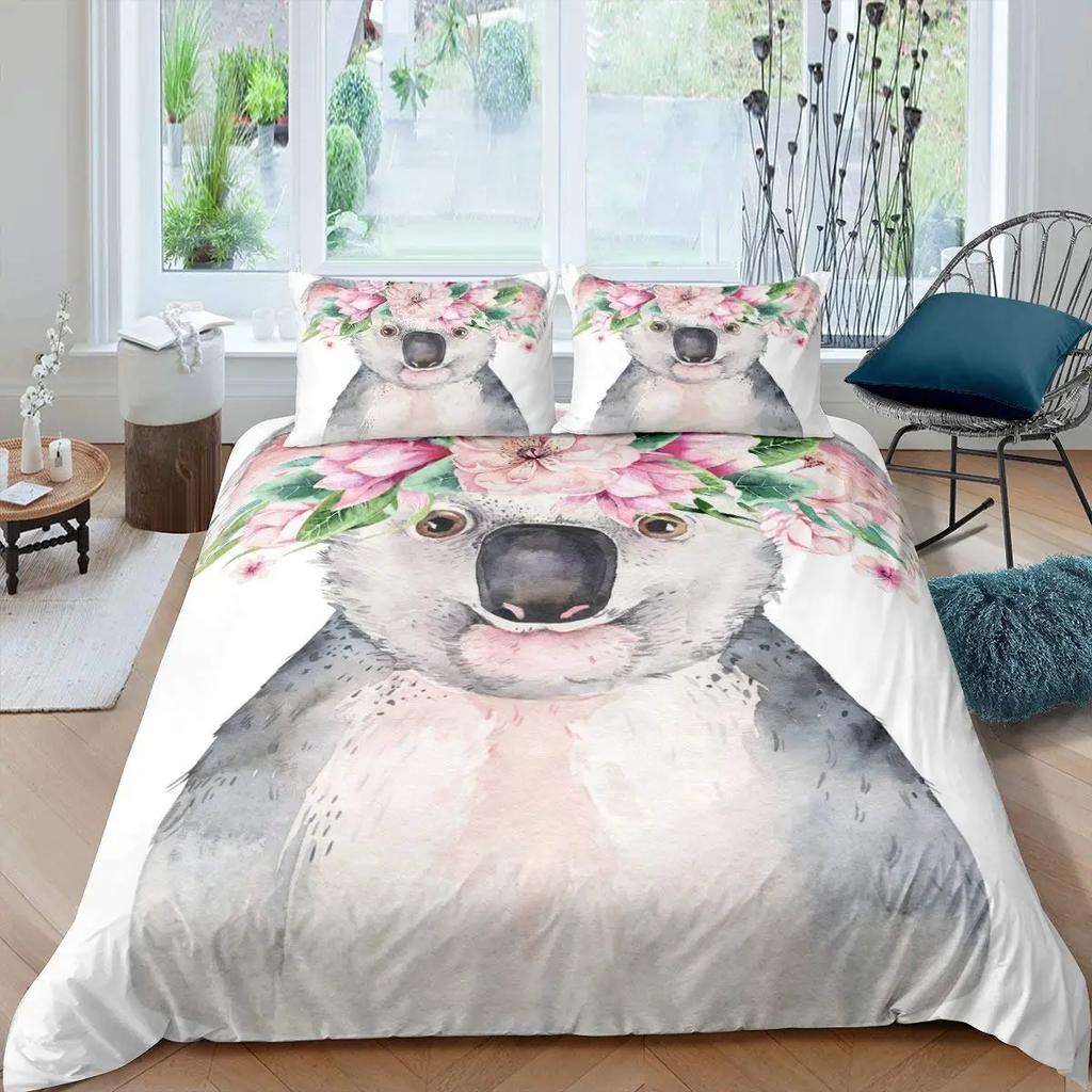 Urocza Poszwa na Kołdrę Koala Rozmiar Twin, Różowy Zestaw Pościeli z Balonem na Gorące Powietrze, Akwarelowy Kwiatowy Zwierzęcy Pokrowiec na Kołdrę, Kreskówkowy Pokrowiec na Kołdrę
