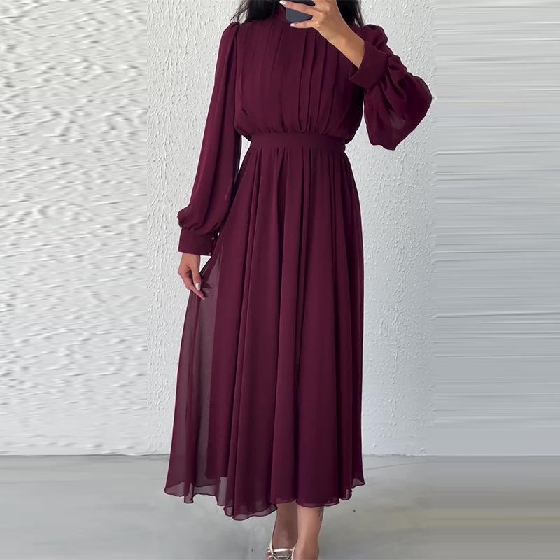 2024 Herbst Damen Einfarbig Hochtailliert Schlankmachend Plissiert Langarmkleid