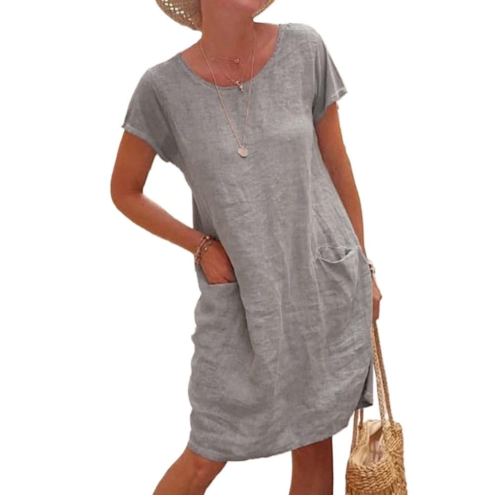 HNXC Women's Fashion Summer Solid Color Print Short Sleeve O-Neck Casual Dresses