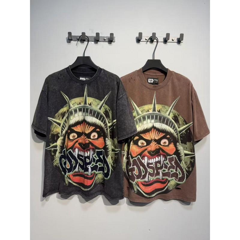 Mens Oversized Graphic Tee With Skull Print Washed Vintage Cotton T-Shirt Loose Fit Short Sleeve Crew Neck
