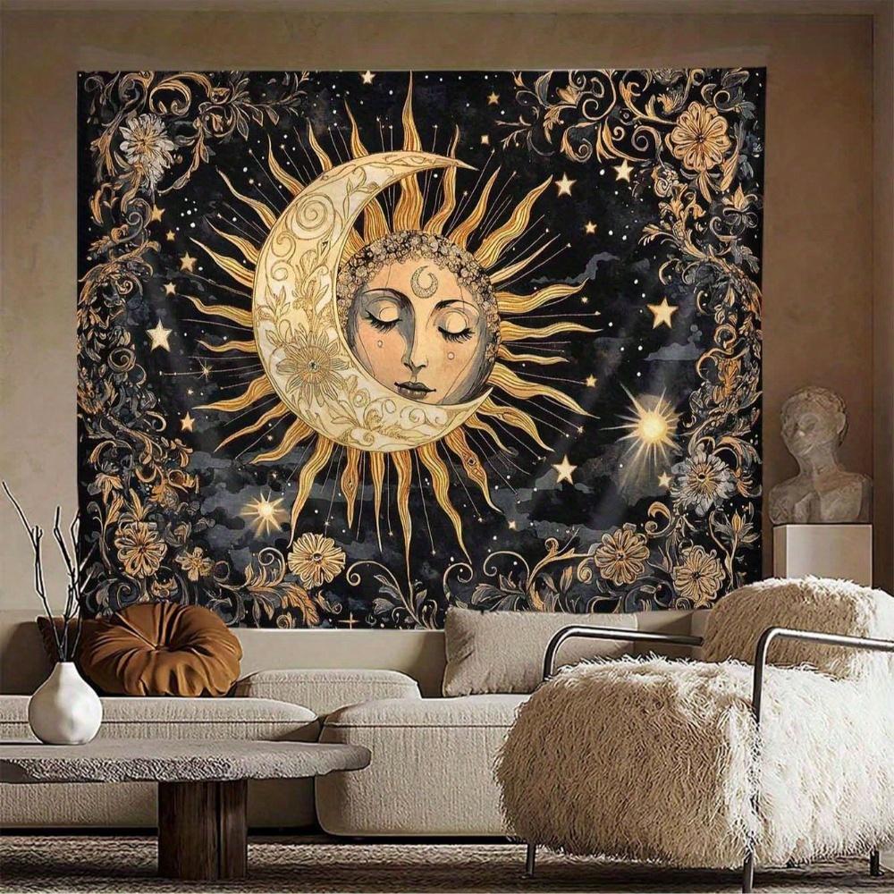 1pc Celestial Sun and Moon Tapestry Sun and Moon Design Stars and Floral Pattern for Living Room Bedroom Dormitory Decoration