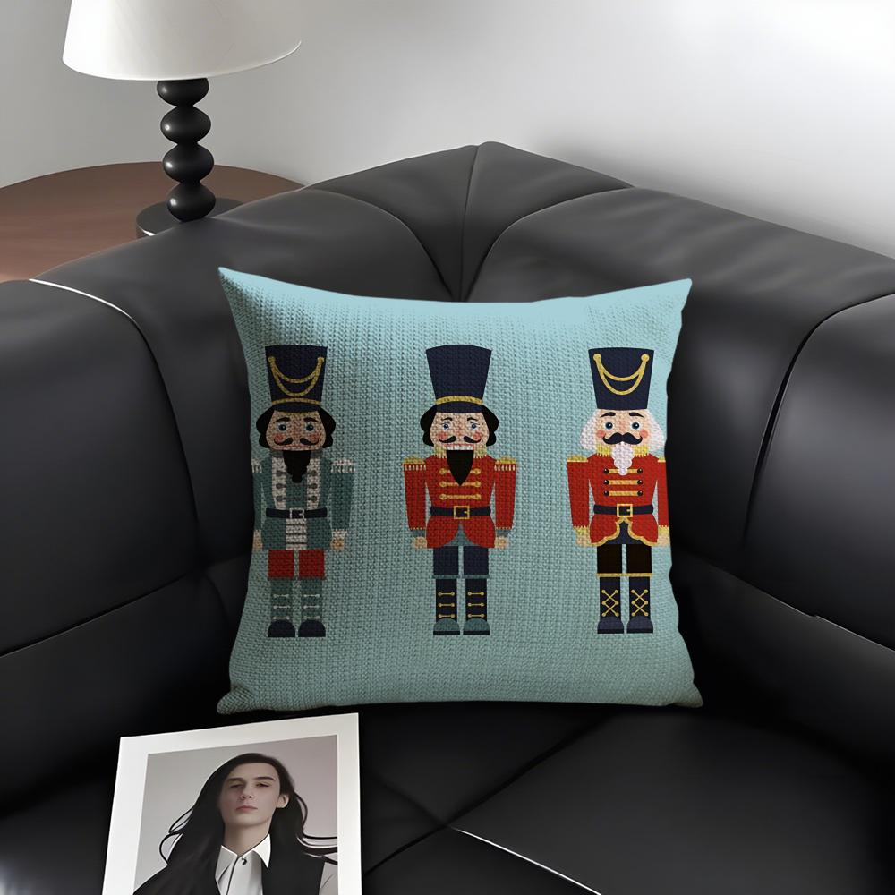 Nutcracker Soldier Christmas Cushion Cover Natural Linen Organic Fabric DoubleSided Printing Sofa Home Decor Gift Pillow Case