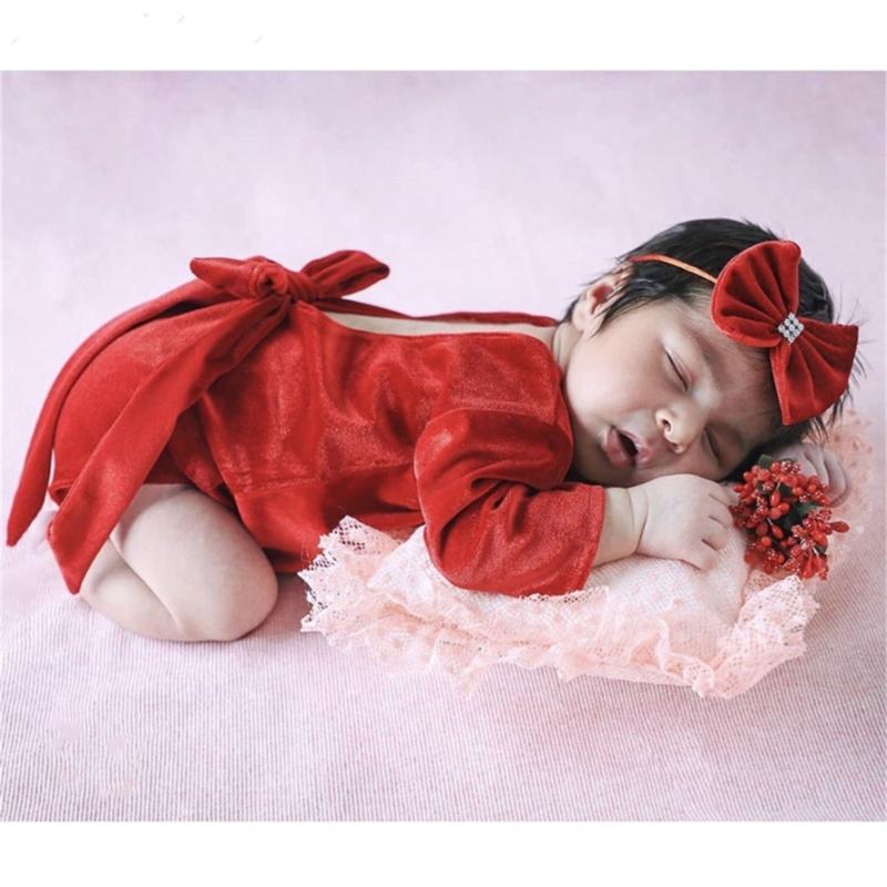 Baby Girls Photo Clothes Long Sleeve Jumpsuit Newborn Costume OnePiece Romper Bowknot Headband Infant Photo Outfit 2pcs
