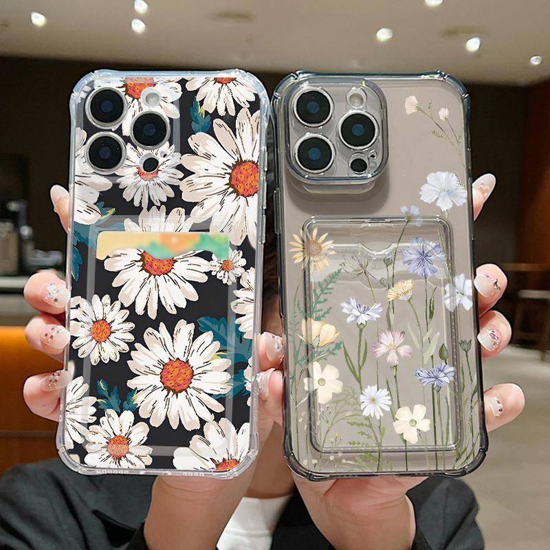 Flowers Print Card Slot Phone Case For iPhone Air 16e 17 16 15 Pro Max 14 13 Pro Max Shockproof Clear Soft Silicone Cover