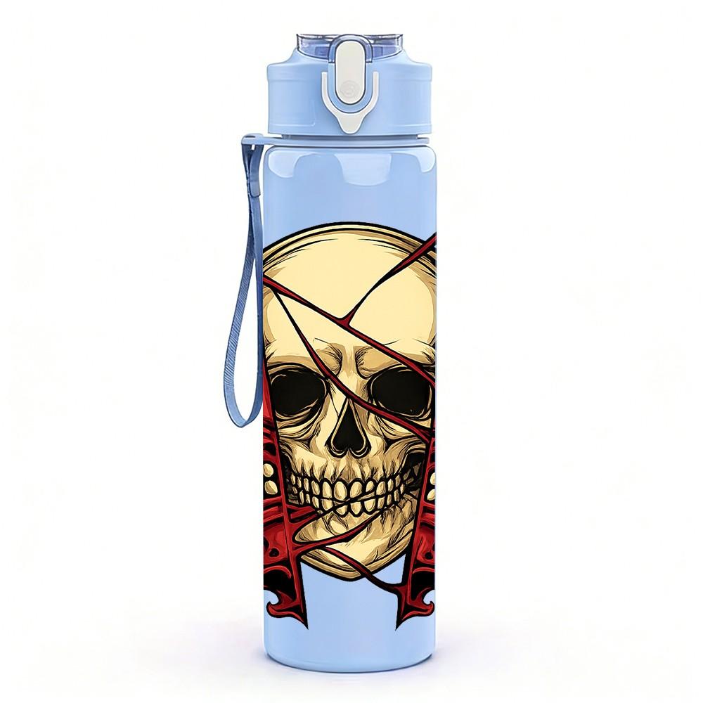 1PC Red Skull Rose Ornate Print 750ml Color Plastic Sports Water Bottle Leakproof Flip Straw Lid Suitable for Sports Office Home Use